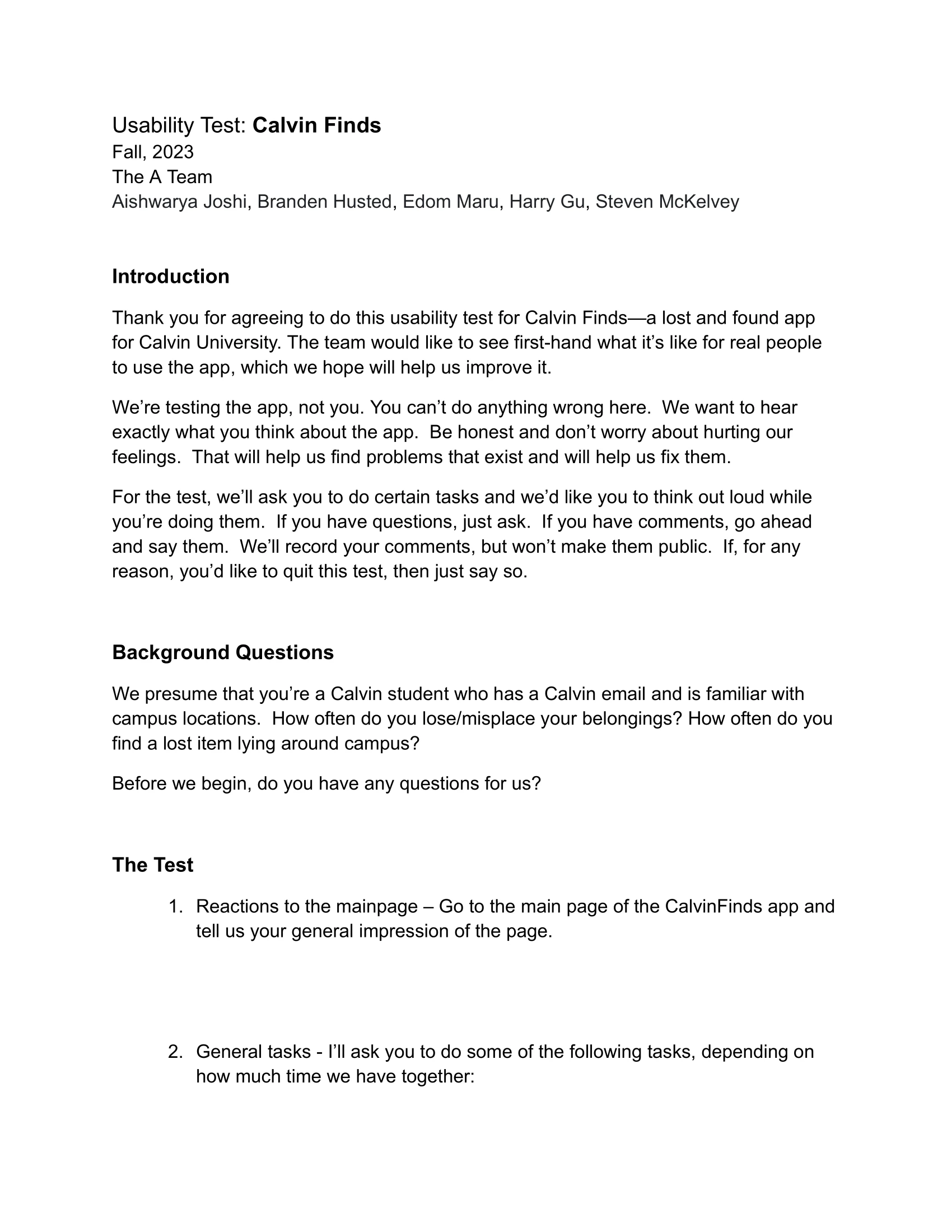Page 1 of the printed usability testing questionnaire.